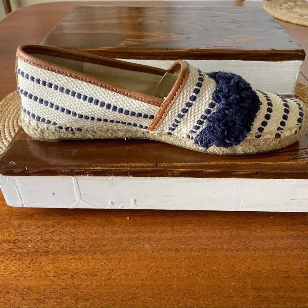 Tory Burch Shaw Fringe Espadrilles Navy and Cream Size 7